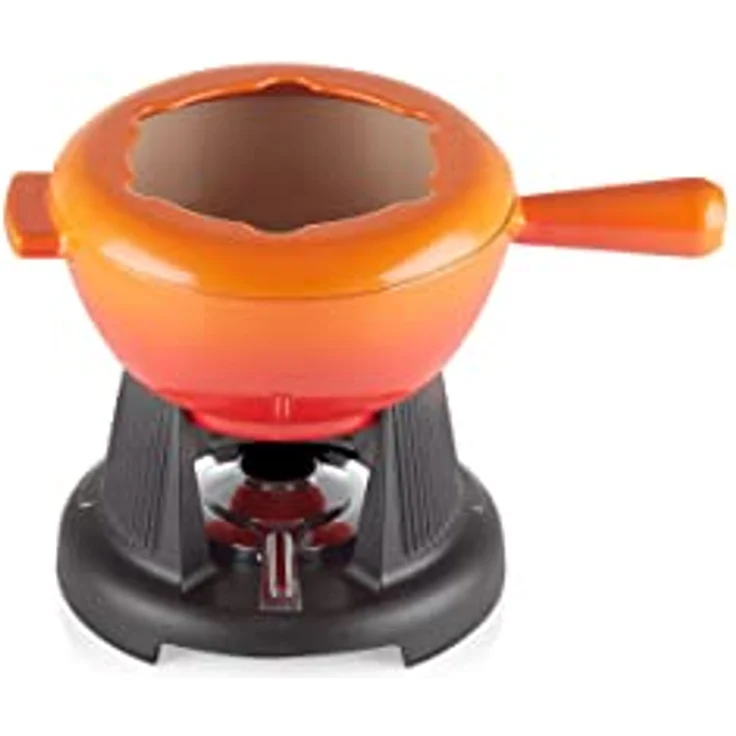 Le Creuset Gusseisen Käsefondue-Set, Inkl. 2 Griffen, Spritzschutz, Rechaud und 6 Fonduegabeln, 2 L Volumen, Ofenrot – Bild 2