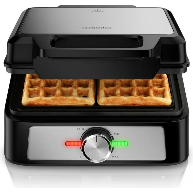 Arendo Waffeleisen doppelt, Waffelautomat für belgische Waffeln mit Antihaftbeschichtung, 1600 W, stufenloser Bräunungsregler und Backampel, schwarz und Edelstahl