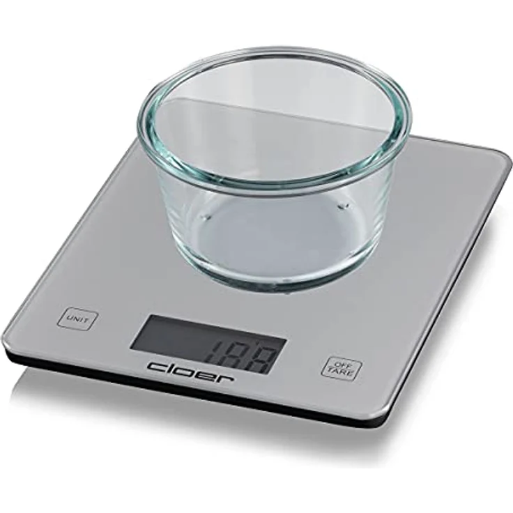 Cloer Küchenwaage 6878, digital, 10kg , 1 g Teilung, Zuwiegefunktion, Glaswiegefläche, silber – Bild 4