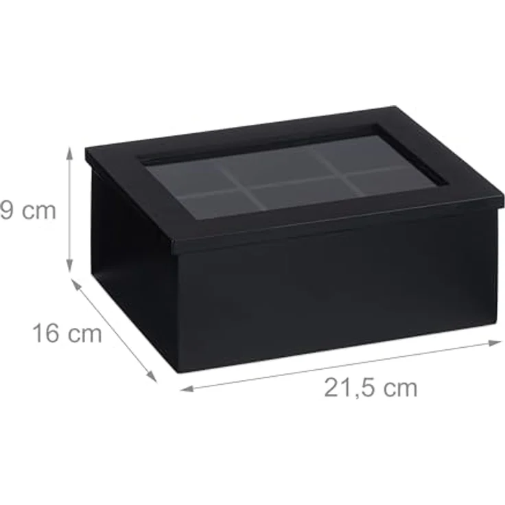 relaxdays Teebox schwarze Teebox aus Bambus, 6 Fächer für Teebeutel, staubgeschützt mit transparentem Fenster – Bild 4