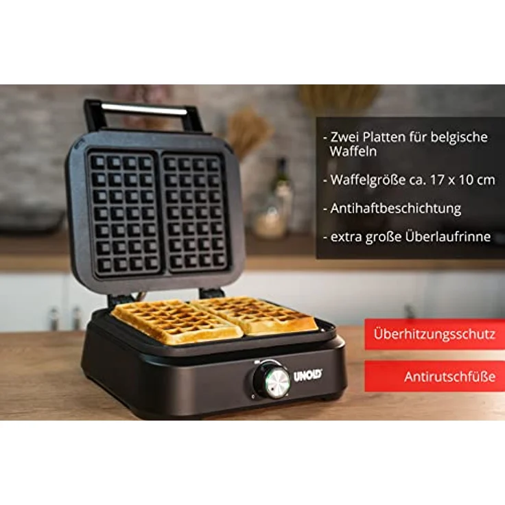 Unold 48275 Belgisches Waffeleisen Brüssel | Doppel-Waffelautomat mit zwei antihaftbeschichteten Platten für 2 belgische Waffeln in Originalgröße 1.500 Watt Schwarz – Bild 3