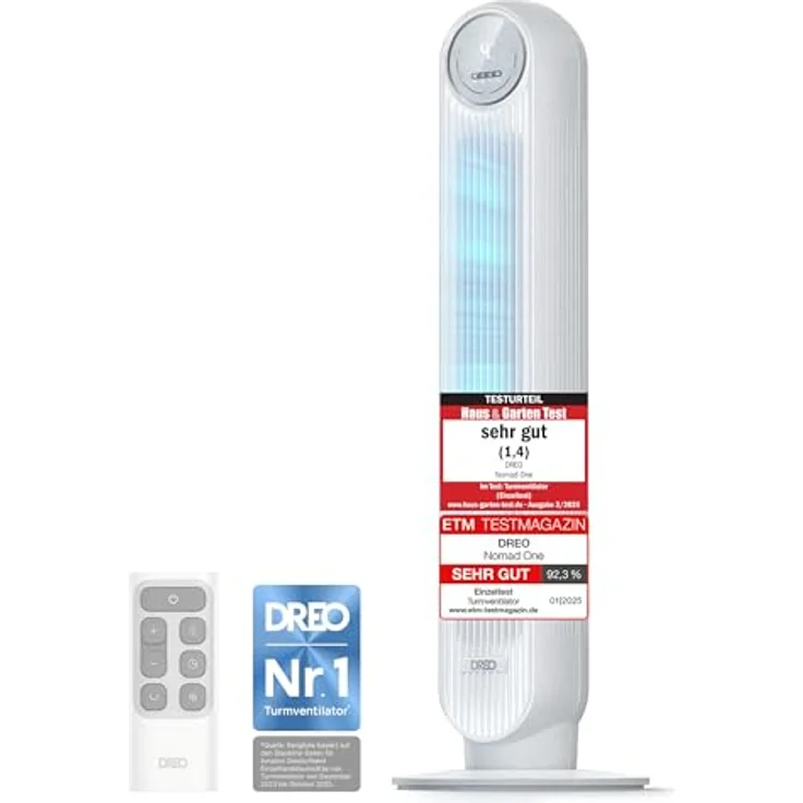 Dreo Nomad One Turmventilator, 20dB leise, 10m Wurfweite, 4 Geschwindigkeitsstufen, 4 Modi, 90° Oszillation, Fernbedienung, Weiß – Bild 1