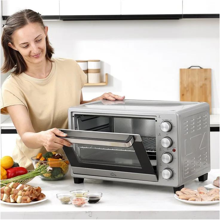 HOMCOM Minibackofen 32L, Mini Ofen mit 3 Kochmodi, Grillrost, Backblech und verstellbarer Garzeit, Silber 52,2 x 38,1 x 33,5 cm