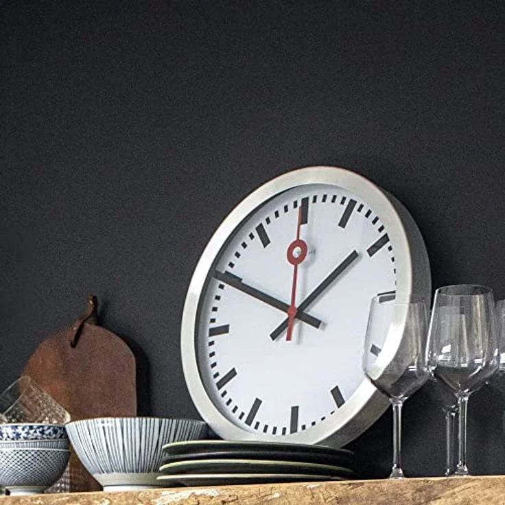 NeXtime 3999ST Wanduhr Bahnhofsuhr STATION, lautlos, rund, ø 35 cm, Glas/Aluminium, silber/weiß/schwarz/rot – Bild 3