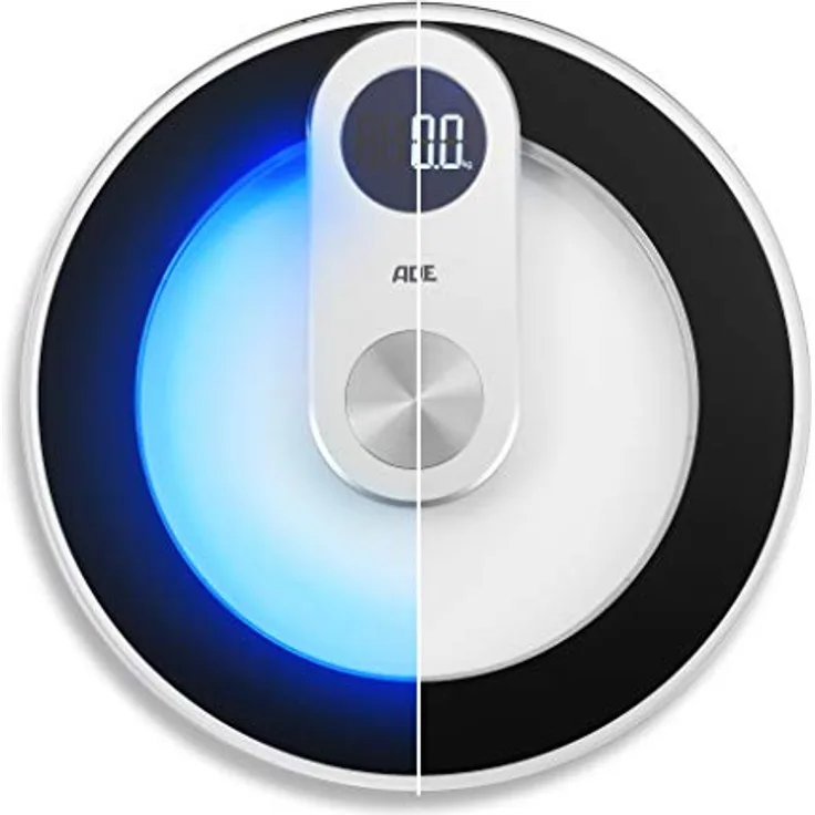 ADE Digitale Körperwaage aus Glas | hochpräzise Ergebnisse | stylische blaue LED-Beleuchtung | LED-Display | runder Korpus ohne Ecken und Kanten | bis 180 kg - Preisvergleich