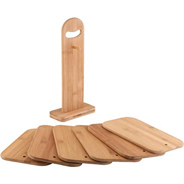 Axentia Schneidebrett-Set 7 teilig - 6 Brettchen aus Bambus-Holz - Brettchenständer mit Frühstücksbrettchen - Holzbrett hohe Schnittfestigkeit & schonend für Messerklinge - Brett für Küche – Bild 5
