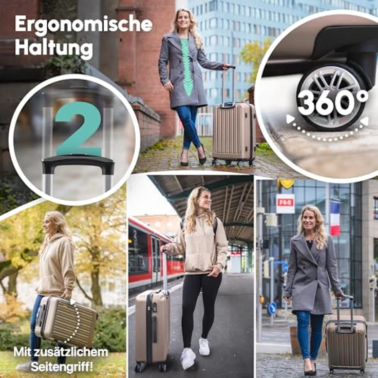 Easy Move ABS Hartschalenkoffer, Kleiner Trolley mit 360° Rädern, ergonomischem Griff und Zahlen-Schloss, Coffee, 54cm – Bild 4