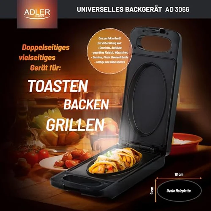 Adler AD 3066 Multifunktionsgrill, Toasten, Backen, Grillen, Antihaftbeschichtung, Kontaktgrill, Schwarz – Bild 3
