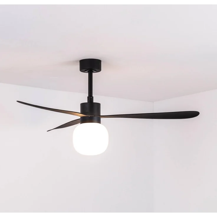 FARO BARCELONA LED-Deckenventilator Amelia Ball L, schwarz, dimmbare LED-Leuchte, leise, Fernbedienung, 6 Geschwindigkeiten