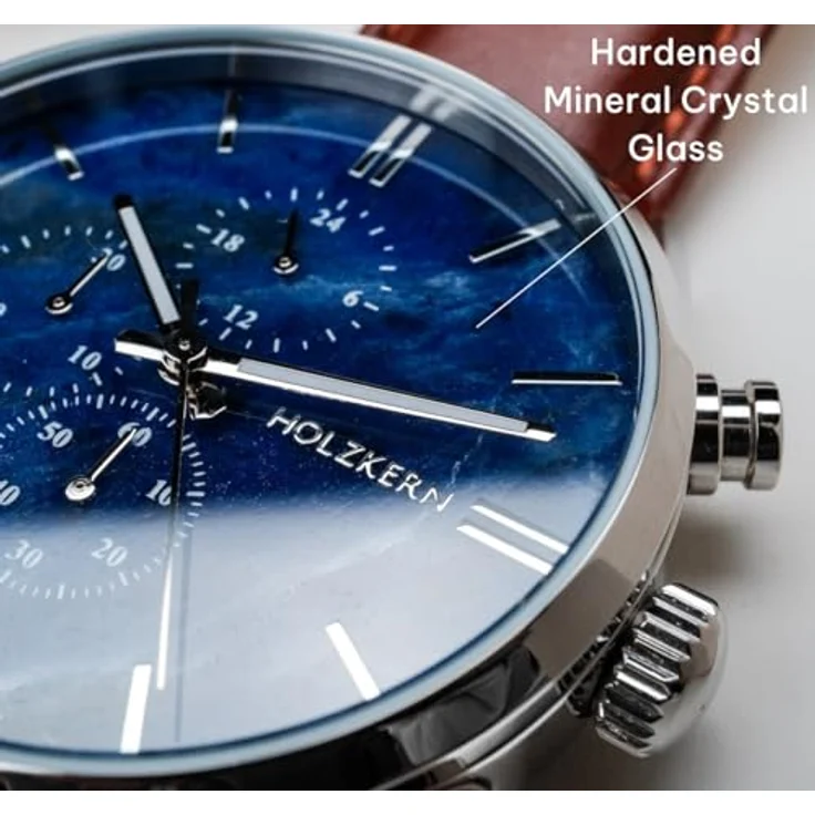 HOLZKERN Herrenuhr Chronograph Naturalist, Marmor/Silberfarben mit japanischem Quarzwerk, Datumsanzeige und Lederarmband – Bild 5