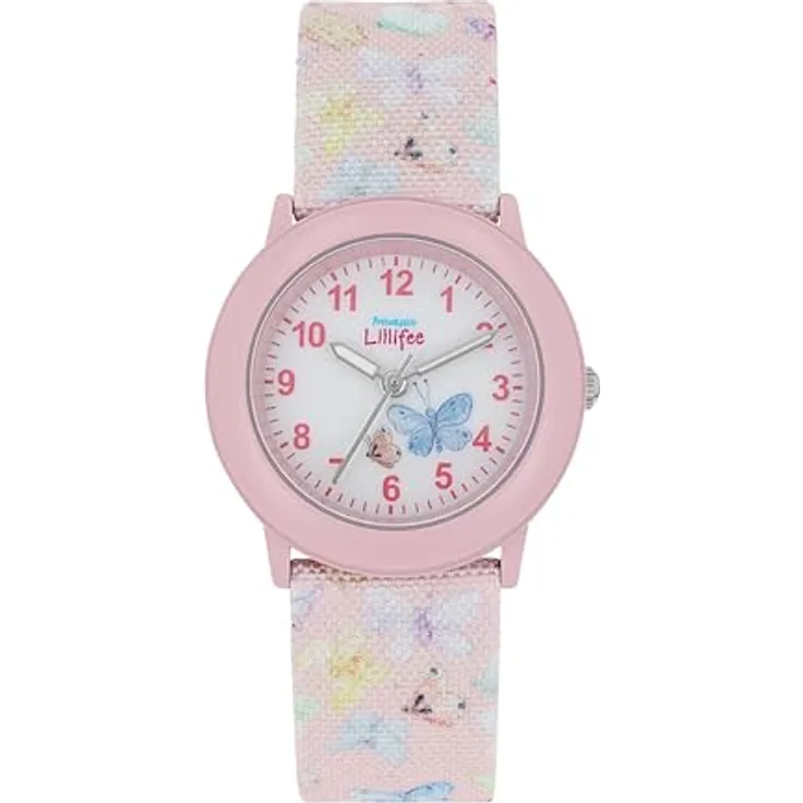 Prinzessin Lillifee Quarzuhr 2037730, Kinderarmbanduhr mit buntem Ziffernblatt und verstellbarem Textilarmband, spritzwassergeschützt