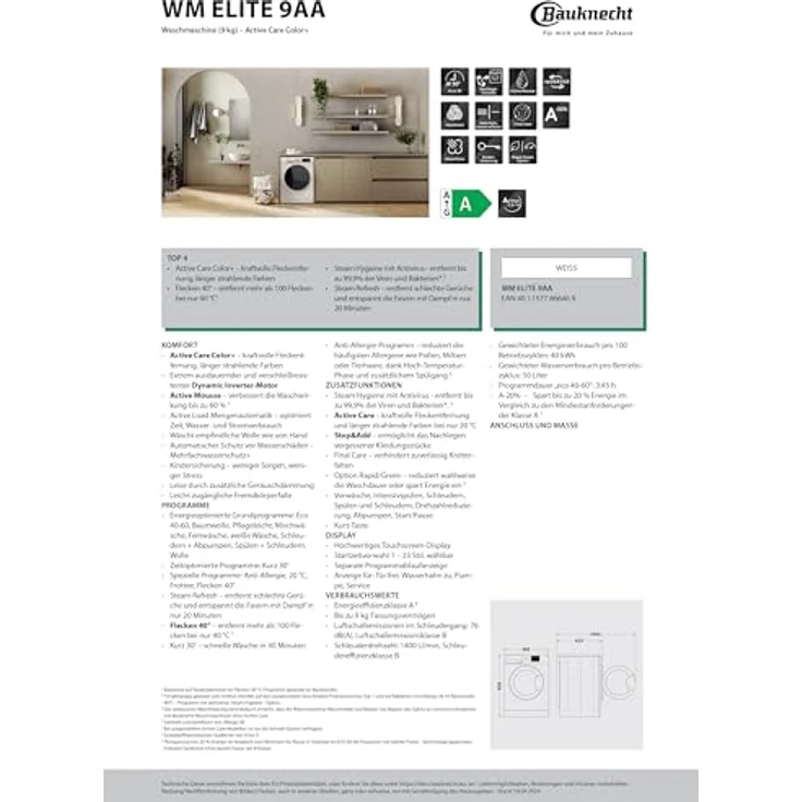 Bauknecht WM Elite 9AA, Waschtrockner, Weiss - Active Care Color+, Steam Hygiene, Steam Refresh – Bild 7