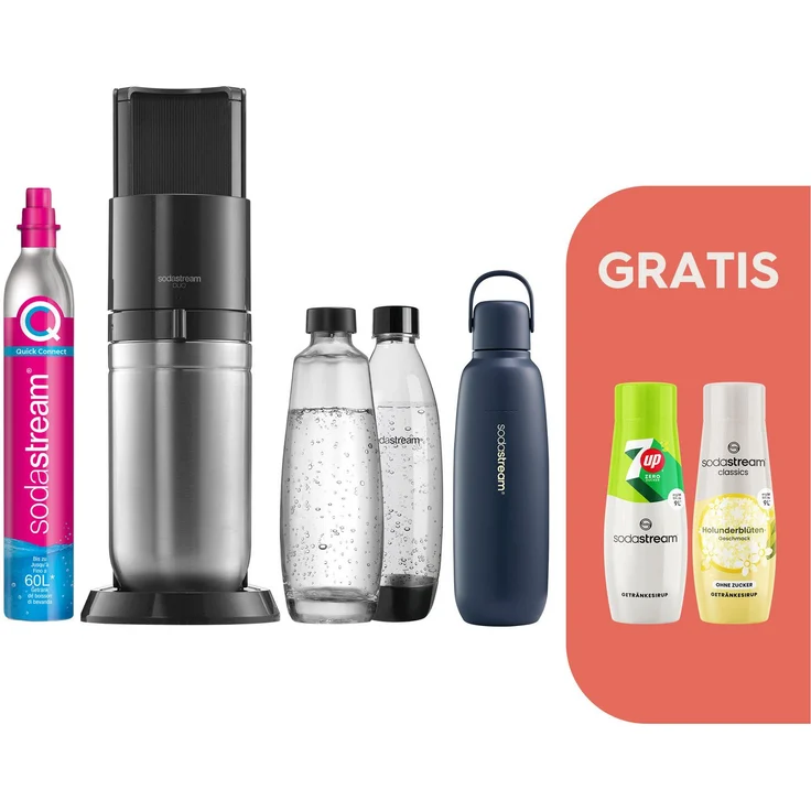 SodaStream DUO, Wassersprudler in titan mit 3 Flaschen, 1 CO2-Zylinder und 2 Sirups (7-tlg. Set)