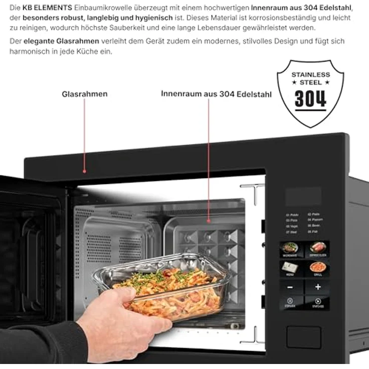 KB ELEMENTS 60 cm Einbaumikrowelle, 25 Liter Garraum, 1320 Watt Gesamtleistung, Full-Touch-Display, Edelstahl Innenraum, Glasrahmen – Bild 3