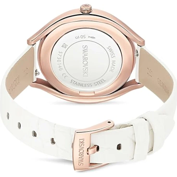 Swarovski Crystalline Aura Uhr, Swiss Made mit weißem Lederarmband und roségoldfarbenem Finish, 38 Kristalle, wasserdicht bis 5 m – Bild 3