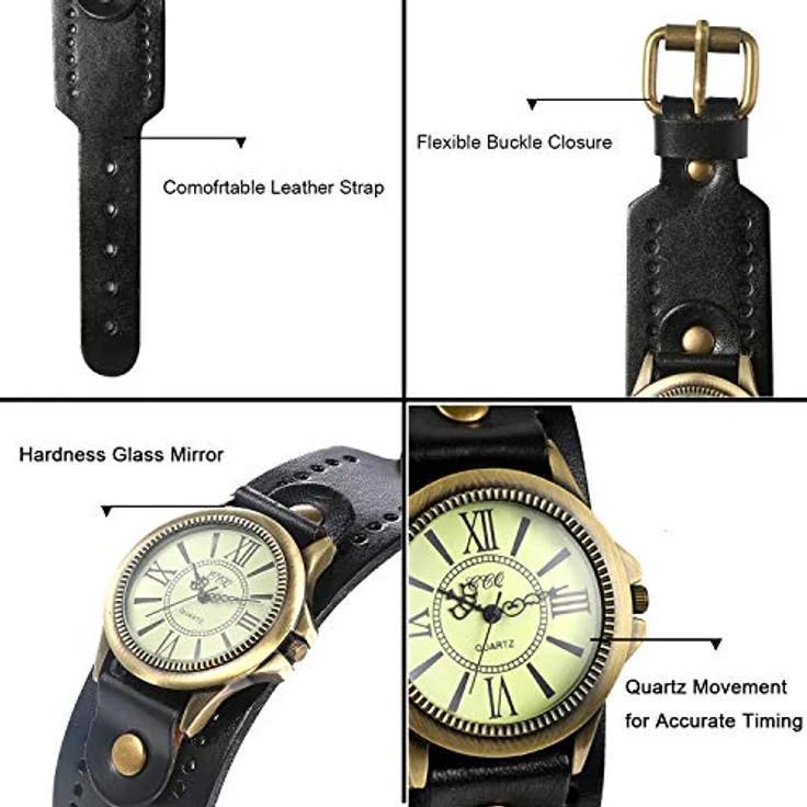 JewelryWe Retro Damen Armbanduhr, Vintage Analog Quarz Uhr mit römischen Ziffern und breitem Lederarmband, Schwarz – Bild 5