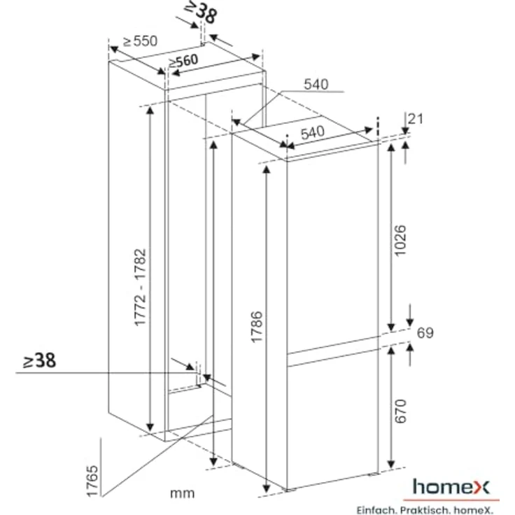 homeX CFBN2531E Einbaukühlschrank mit Gefrierfach, No Frost, 178 cm hoch, 253 l, 37 dB, weiße Front – Bild 4