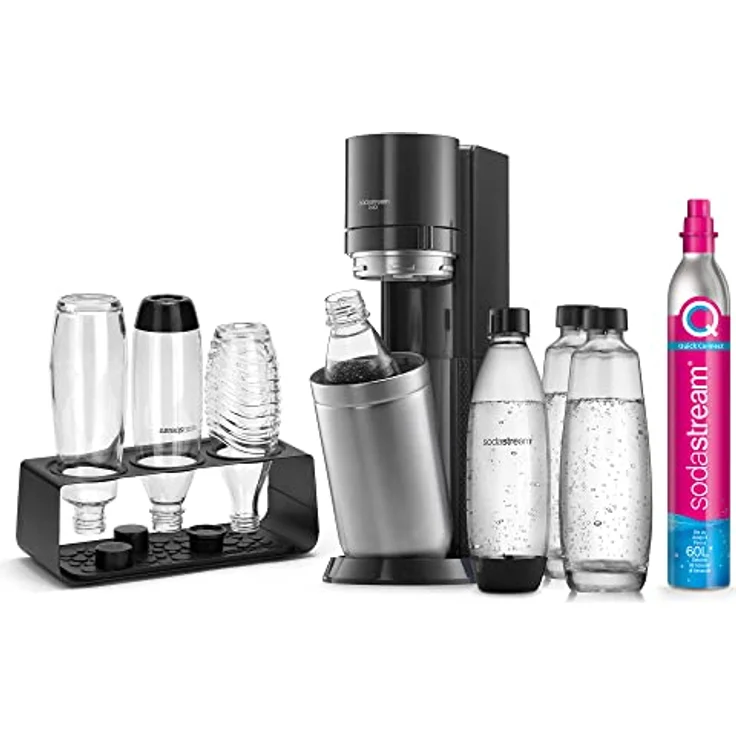 SodaStream Wassersprudler DUO Comfort-Set mit CO2-Zylinder, 2X 1L Glasflasche, 2X 1L spülmaschinenfeste Kunststoff-Flasche und sytlischem Flaschenhalter, Höhe: 44cm, Farbe: Titan – Bild 1