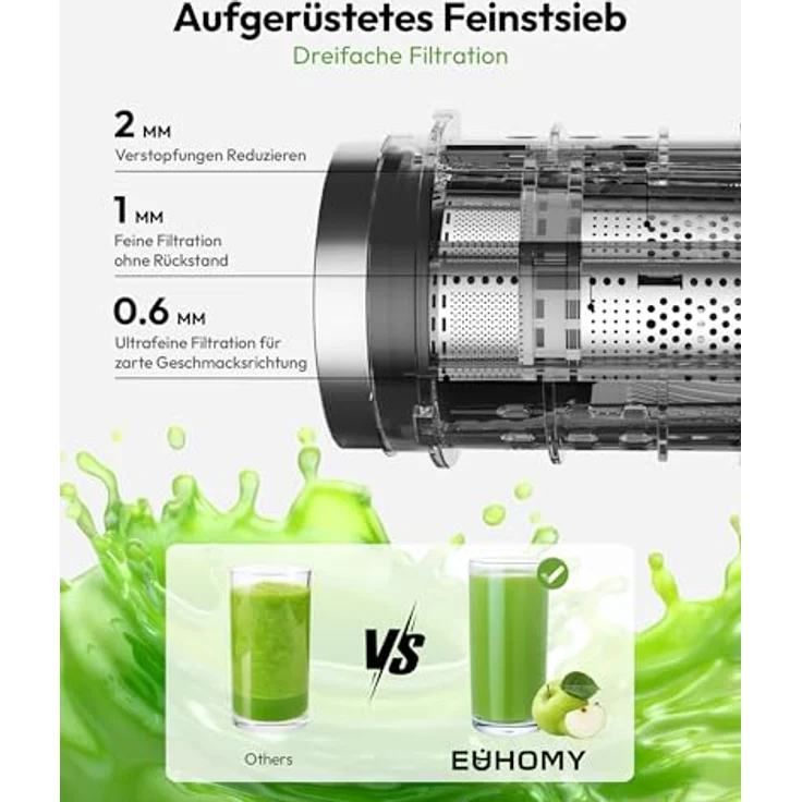 EUHOMY Slow Juicer, Kaltpress-Entsafter für ganze Gemüse und Obst, 135 mm XL-Einfüllschacht, 1,8 Liter Behälter, 220W leiser Motor – Bild 8