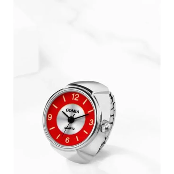 JewelryWe Ringuhr Fingeruhr Damen, Elastisch, Klassische Analog Quarz mit Rotem Zifferblatt und Legierungsband, 10m Wasserdicht – Bild 3