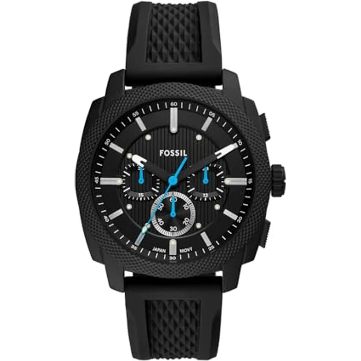 Fossil Herren Analog Quarz Uhr FS6099, 44 mm Edelstahlgehäuse, schwarzes Zifferblatt, schwarzes Silikonarmband, wasserdicht bis 50 m, Chronographenanzeige – Bild 1