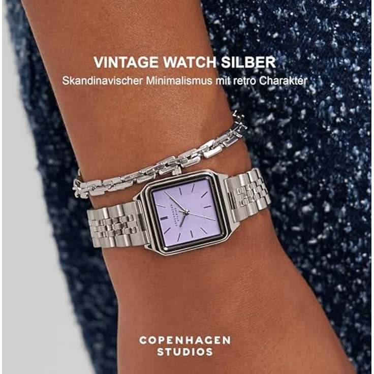 COPENHAGEN STUDIOS Vintage Square Watch, Silber, 24 mm, Elegante Damenuhr aus poliertem Edelstahl mit Quarzwerk, 5 ATM wasserdicht, kratzfest, analoges Zifferblatt – Bild 2