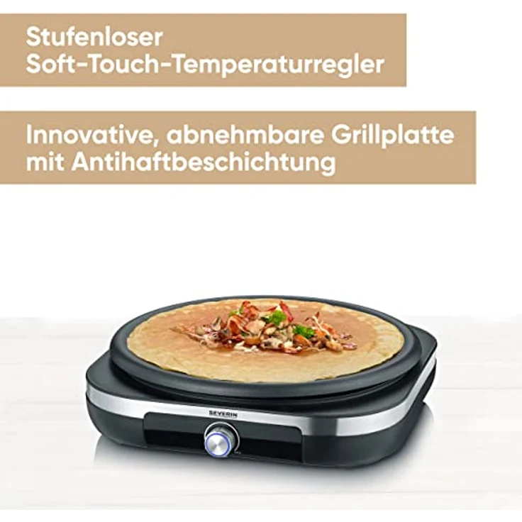 Severin CM 2199 Crepes Maker mit XXL-Grillplatte, Crepeseisen für süße Crepes und herzhafte Galettes, Crepesmaker mit abnehmbarer XXL Grillplatte (38 cm), ca. 1.500 W, Edelstahl-gebürstet, schwarz – Bild 2