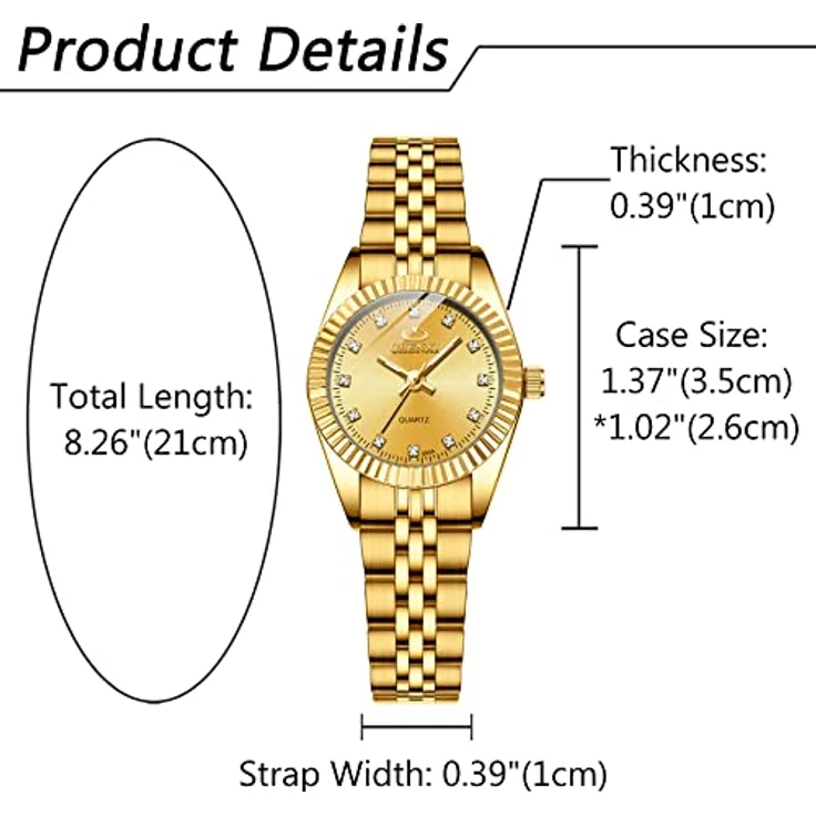 JewelryWe Damenuhr Quarz Analog, Edelstahl Armband mit beleuchtenden Zeigern und Strass, 3ATM wasserdicht, gold – Bild 3