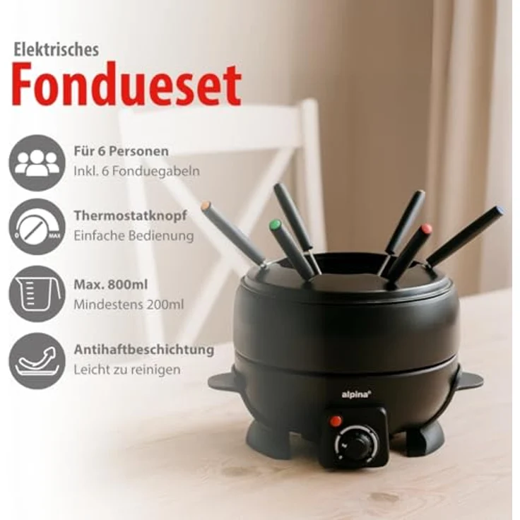 alpina 8711252270883 Fondueset, Edelstahl, 800ml Topf mit Thermostat, inklusive 6 Fonduegabeln, antihaftbeschichtet, rutschfeste Füße – Bild 3