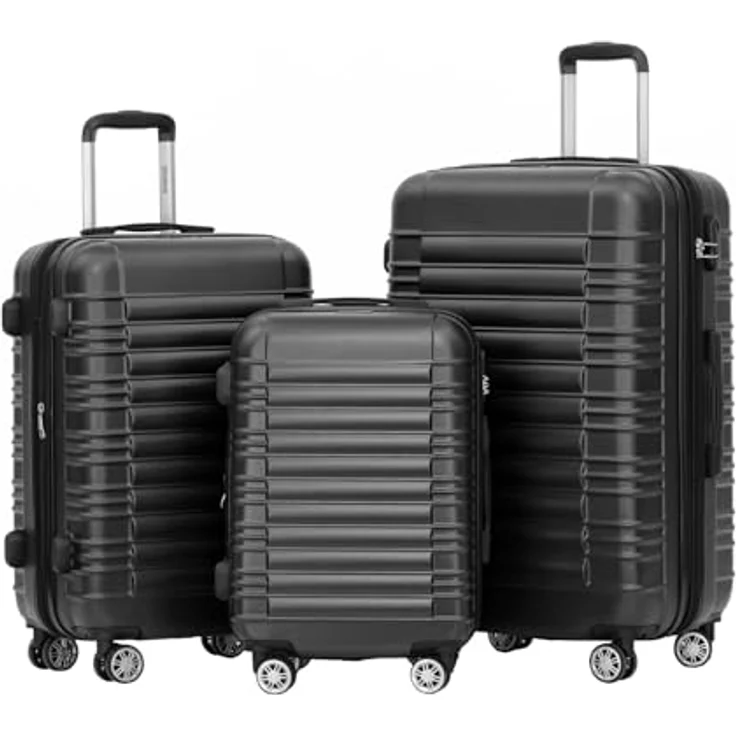 BEIBYE Hartschalen Koffer Trolley Kofferset, 3-teilig (XL, L, M), Schwarz, mit 360° Zwillingsrollen und integriertem Zahlenschloss, erweiterbar – Bild 1
