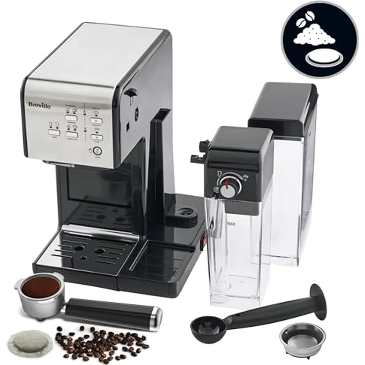 Breville PrimaLatte II Kaffee- und Espressomaschine VFC108X-01, 19 bar, für Kaffeepulver oder Pads geeignet, Integrierter automatischer Milchschäumer, schwarz-silber – Bild 4