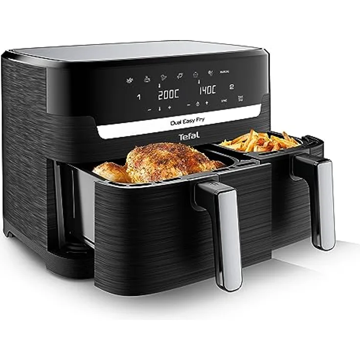 Tefal EY9018 Dual Easy Fry Doppelkammer-Heißluftfritteuse | 5,2/3,1 L Fassungsvermögen | zwei unabhängige Schubladen | 7 automatische Programme | energiesparend | Schwarz