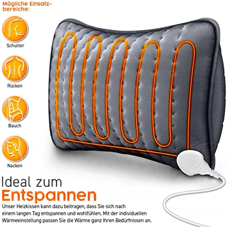 sinnlein Heizkissen elektrisch mit Füllung 100W für Rücken Schulter Nacken Bauch | Wärmekissen mit 3 Temperaturstufen & Abschaltautomatik (Grau) – Bild 2