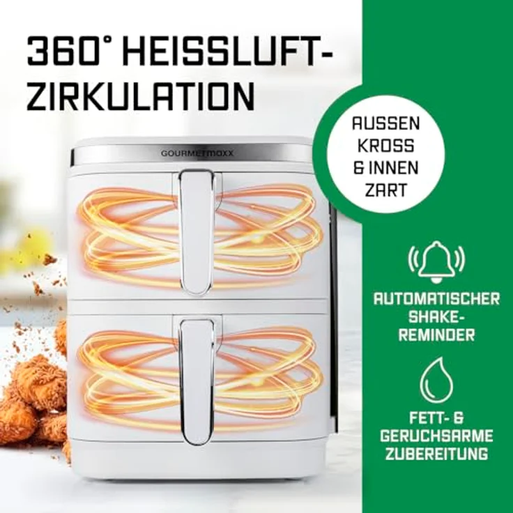 GOURMETmaxx FryUp Vertikale Doppelkammer Heißluftfritteuse, 10L Fassungsvermögen, klappbares Touchdisplay, 2800 W, 12 Kochprogramme – Bild 5