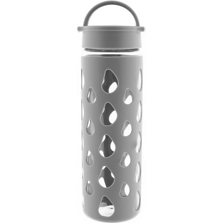 MATO Trinkflasche 600 ml, temperaturbeständiges Borosilikatglas mit Silikonhülle, blau/pink/grau
