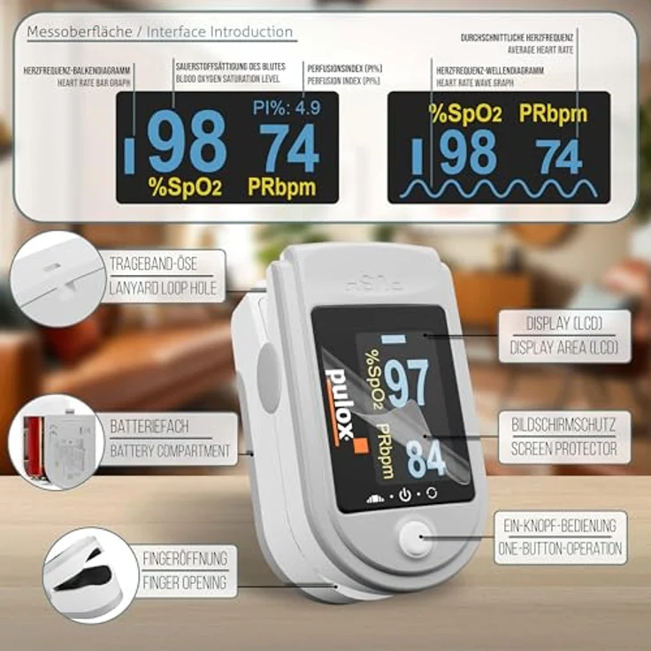 PULOX Pulsoximeter PO-200 Solo in Grau - Messung von SpO₂, Puls und PI - Klarer LCD-Anzeige, Farbdisplay und One-Touch Bedienung – Bild 2