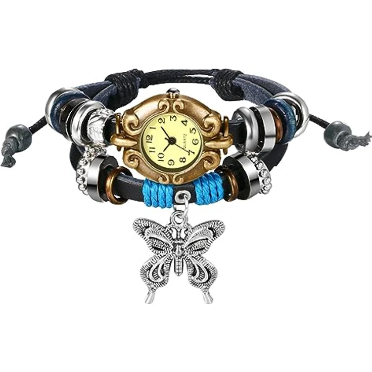 JewelryWe Vintage Schmetterling Analog Quarz Armbanduhr, Damen Uhr mit schwarzem Leder Wickelarmband und rundem Zifferblatt – Bild 1