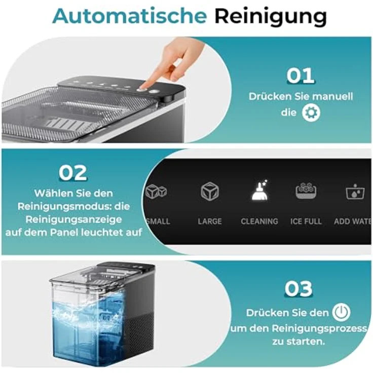 EUHOMY Eiswürfelmaschine, kompaktes Design, Ein-Knopf-Einstellung, 9 bullet-förmige Eiswürfel in 2 Größen, automatische Reinigung, intelligente Warnungen, transparenter Deckel, schwarz – Bild 5