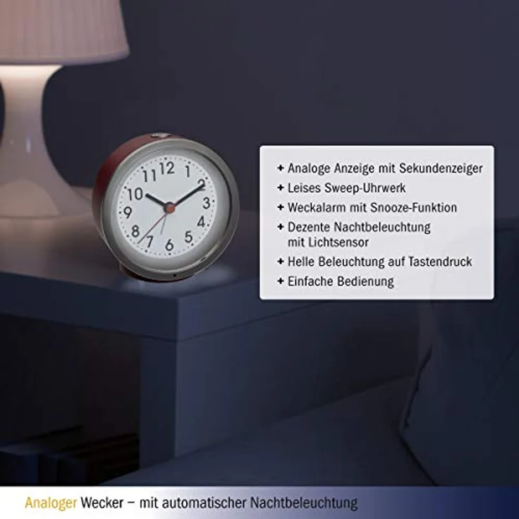 TFA Dostmann Wecker analog 60.1034.05, geräuscharmes Sweep-Uhrwerk, mit Hintergrundbeleuchtung, rot, (L) 103 x (B) 39 x (H) 99 mm – Bild 5