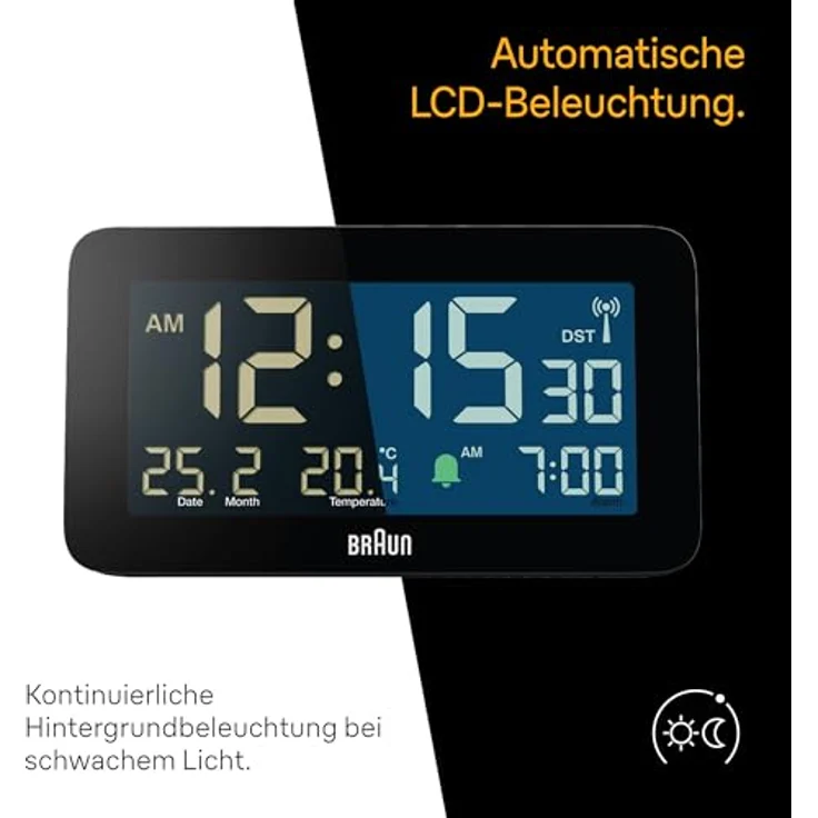 Braun BC10B-DCF Funk-Digitalwecker, DCF-Zeitgesteuert mit Datums-, Monats- und Temperaturanzeige, negatives LCD-Display, schwarz – Bild 4