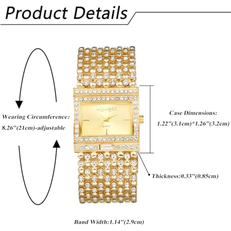 JewelryWe Damenuhr Glitzer Rechteckig Uhr: Goldene Bling Strass Analog Quarz Armbanduhr mit breitem Metallarmband und Eckigem Zifferblatt – Bild 4