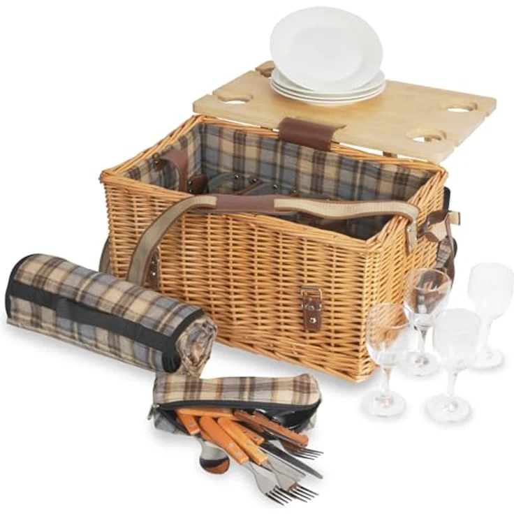 CampFeuer Picknickkorb für 4 Personen, 25-teiliges Geschirr-Set mit Weidenkorb und Serviertisch, naturfarben – Bild 1