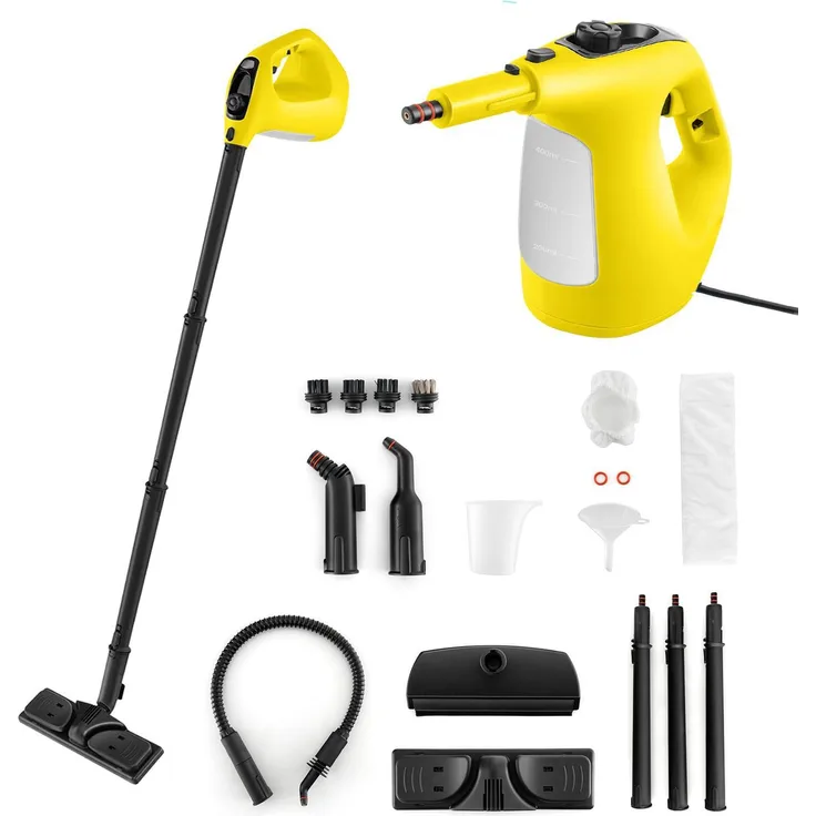 GOPLUS Handdampfreiniger 1500 W, Mehrzweck Dampfwischer mit 14-tlg. Zubehör, Kindersicherung und 1 Min. Aufheizzeit, Gelb