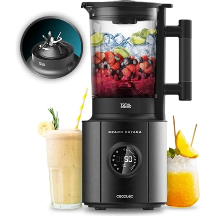 Cecotec Standmixer Grand Katana 2700MAX Total Destroy Screen B, 2700W Leistung, 8-Klingen-Messer mit schwarzer Titanbeschichtung, 1,8L Glasgießer