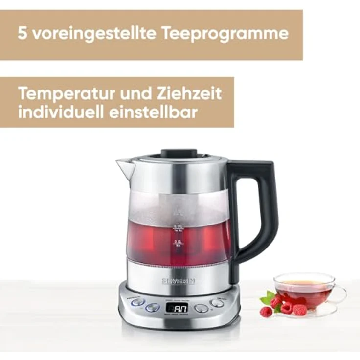 SEVERIN WK 3473 Glas-Tee--Wasserkocher Deluxe Mini (ca. 2.200 W, mit Temperaturregler, Für 1 L Wasser-0,75 L Tee) edelstahl-schwarz – Bild 2