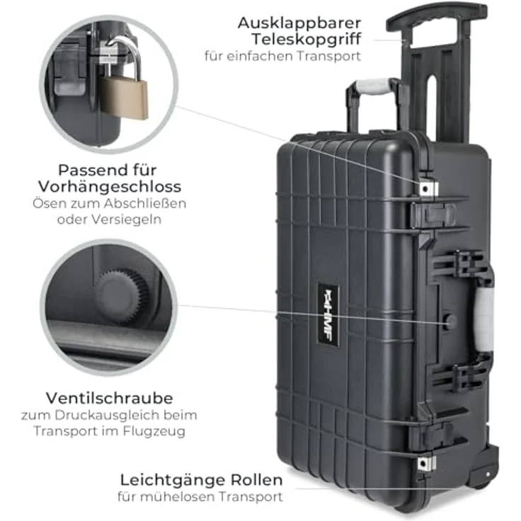 HMF Hartschalen-Trolley Outdoor-Trolley, Fotokoffer mit Rasterschaumstoff, 56 x 34,5 x 23 cm, schwarz – Bild 7
