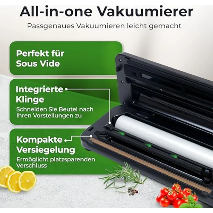 KLAMER Vakuumierer Classic Pro 80 - Vakuumierer für trockene oder feuchte Lebensmittel, 110W, Temp.-Überwachung, Cutter, Rollenfach, 0,8 bar starke Pumpe – Bild 5
