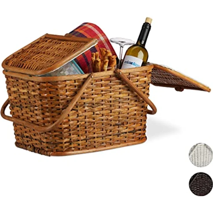 relaxdays Picknickkorb mit Deckel, Honigbraun, Rattankorb mit 25 Liter Volumen und zwei Klappdeckeln – Bild 1
