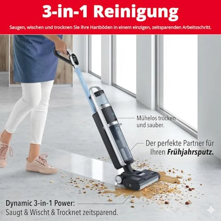 Trisa Saugwischer Kabellos 3-in-1, Hartbodenreiniger & Nass Trockensauger, 32V Akku, 35 Min Laufzeit für 120m², HEPA, Selbstreinigung, Sprachassistent, Power Spray – Bild 2