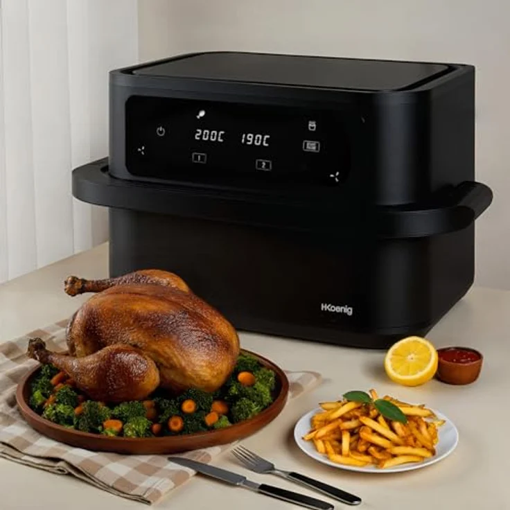 H.Koenig Airfryer FRY960-10L, XXL Fritteuse ohne Öl mit 10L Kapazität (5L+5L), 8 Kochprogrammen, Touchscreen, 80-200°C, 60min Timer, spülmaschinengeeigneten Rosten – Bild 2